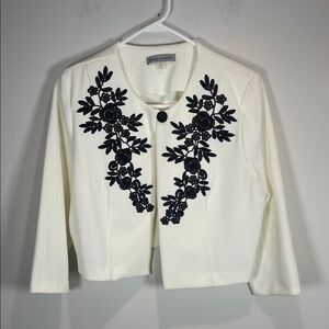 Danny & Nicole Ivory Cropped Blazer with Navy Floral Design Embroidered